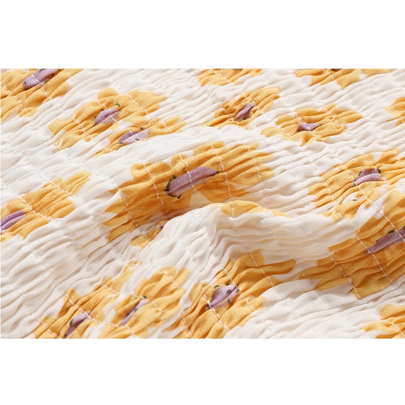 

Daisy Print Elastic Crop Blouses Women Stylish Flare Long Sleeve Drawstring Lace-up Mori Girl Shirts 2021 Ins Slim Korean Tops