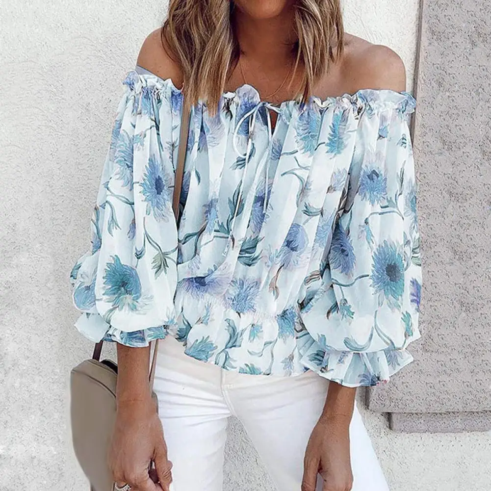 

2021 Women Shirts Lantern Sleeve Floral Print Female Blouse Puff Sleeve Off Shoulder Drawstring Lady Chiffon Pullover Shirts