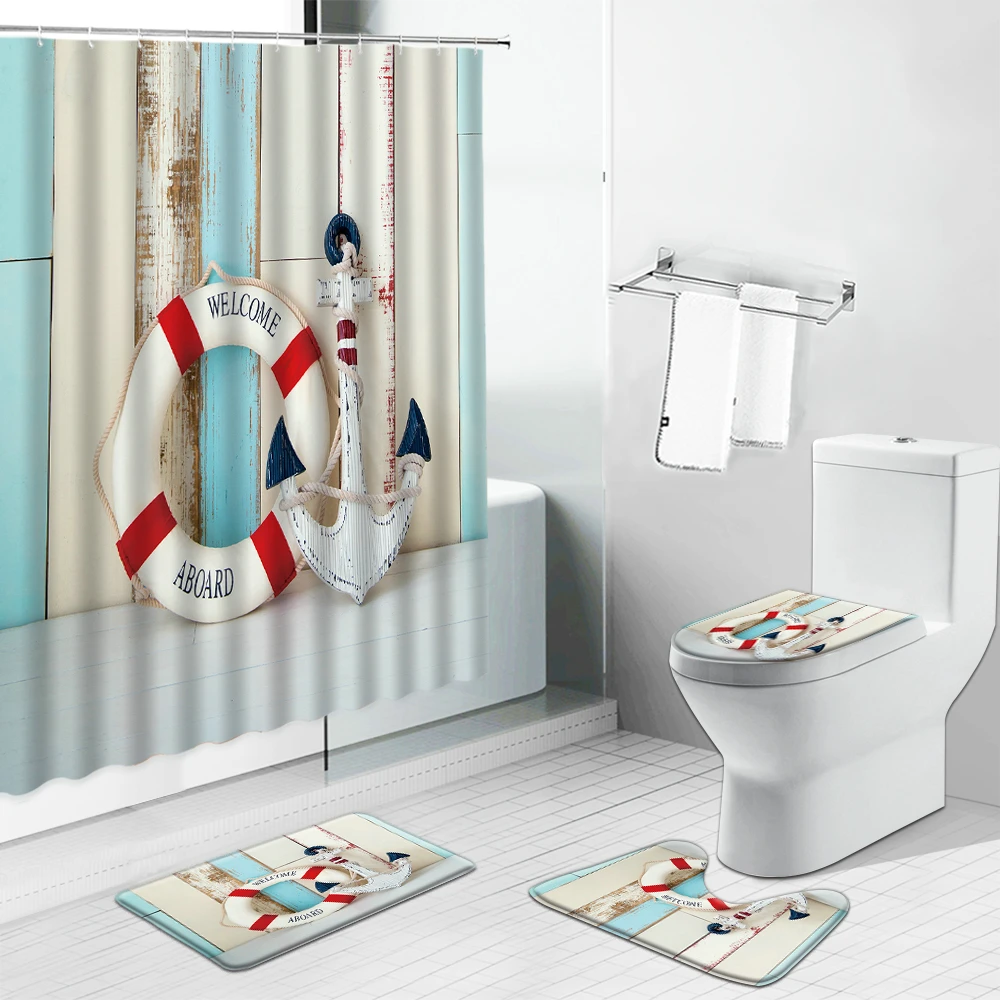 

Ocean Waves Sailboat Sea Navigation Lighthouse Cartoon Shower Curtain Modern Scenery Bathroom Decor Toilet Cover Mat Carpet Set