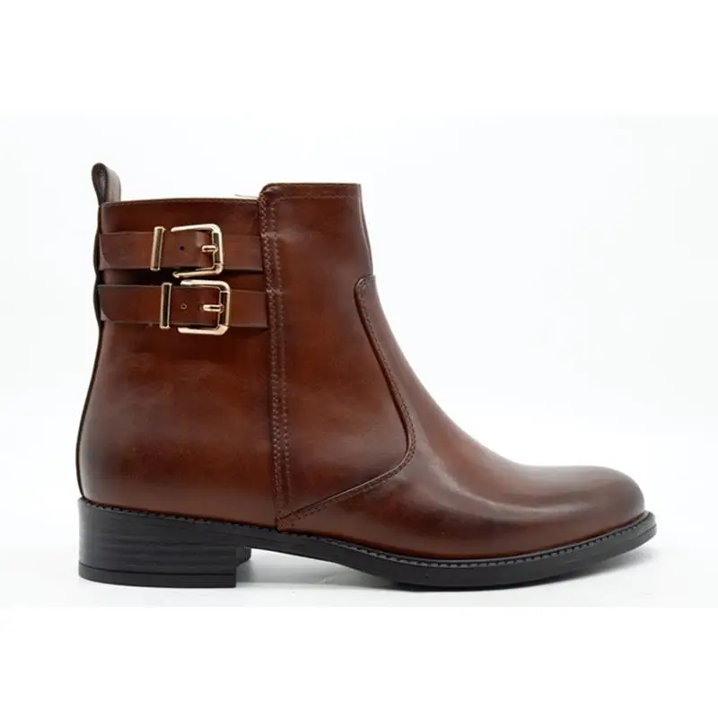 

Women casual vintage brown leather metal buckles contracted temperament round head cylinder Martin boots thick short boots