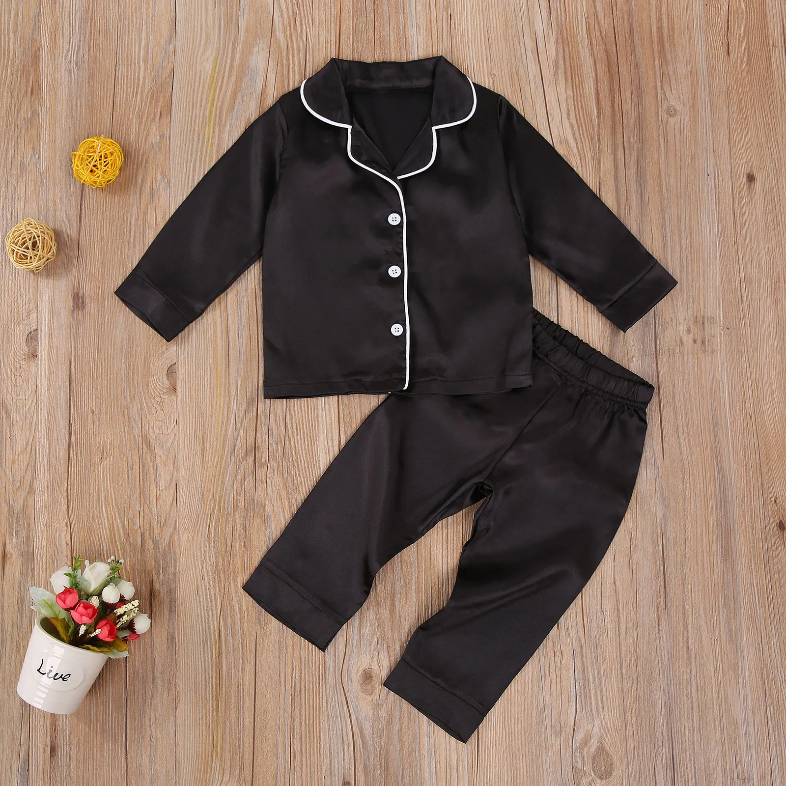 1-7Y Kids Baby Girls Boys Silk Satin Pajamas Set Children Long Sleeve Button-Down Pyjamas Sleepwear Nightwear Summer Autumn baby nightgowns dress