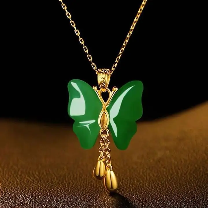 

Original new inlaid jade ancient method gold craft inlaid butterfly Hetian jade necklace pendant Chinese style luxury jewelry