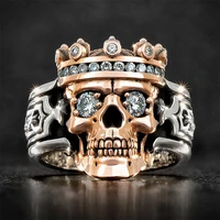 creative vintage two tone crown skull head rings for men inlaid zircon punk hip hop hollow out male rings jewelry gift wholesale