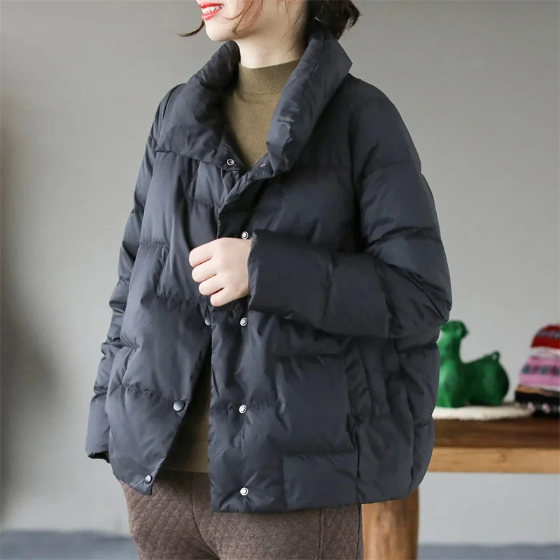 Winter Jacket White Duck Down Cotton Coat Women's Short Korean Version Loose Wild Fashion Retro Stand Collar Jacket Lightweight