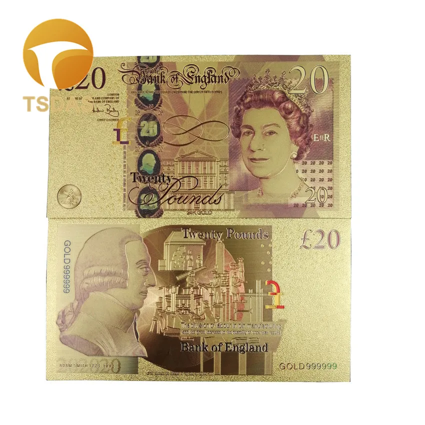 24k Красочная Золотая банкнота Великобритании Elizabeth II памятная сувенирная Note 20