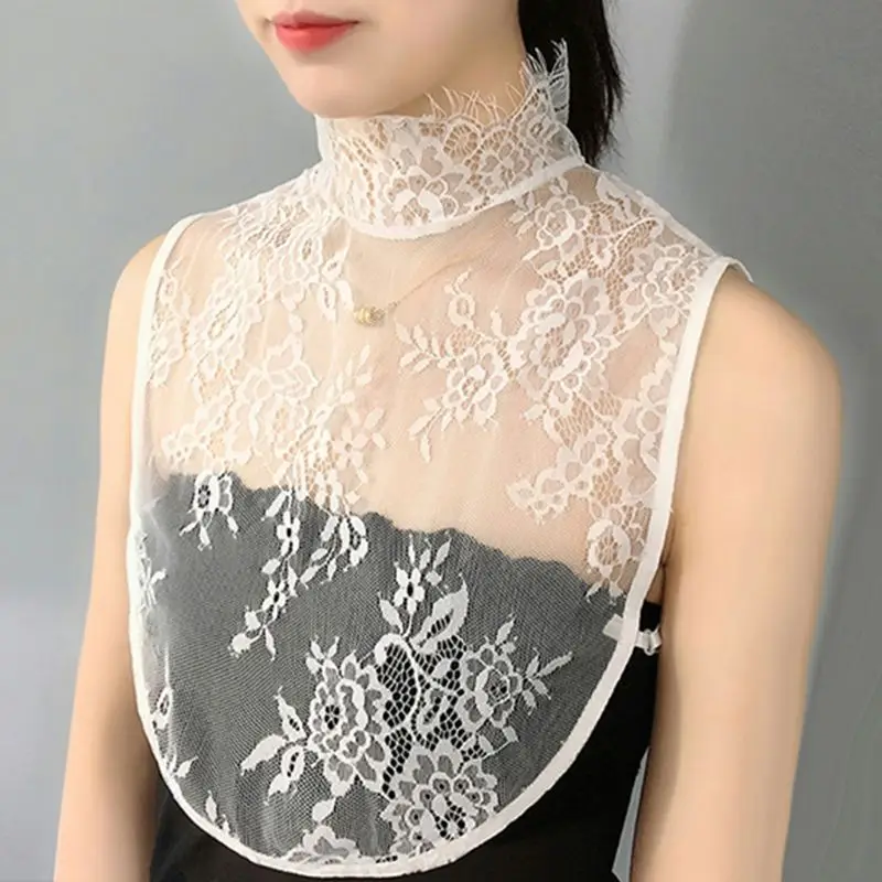 

New Ladies Decorative Fake Collar Sheer Floral Lace High Neck Ruffles Half-Shirt Top