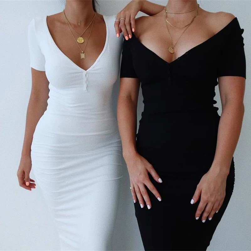 

Ankle-Length Knitted Dress Sexy Short Sleeve Summer Casual Stretchy Elastic Elegant V-Neck Women Solid Dresses Bodycon 2021 #235
