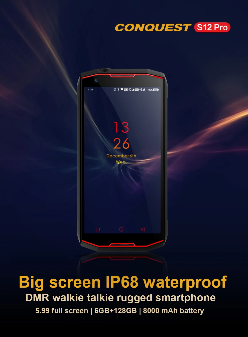 Телефон Conqest S12, 6 ГБ ОЗУ, 128 Гб ПЗУ, IP68 DMR Walki Talkie, водонепроницаемый телефон, 8000 мАч, 21 МП, Поддержка NFC, Google Store