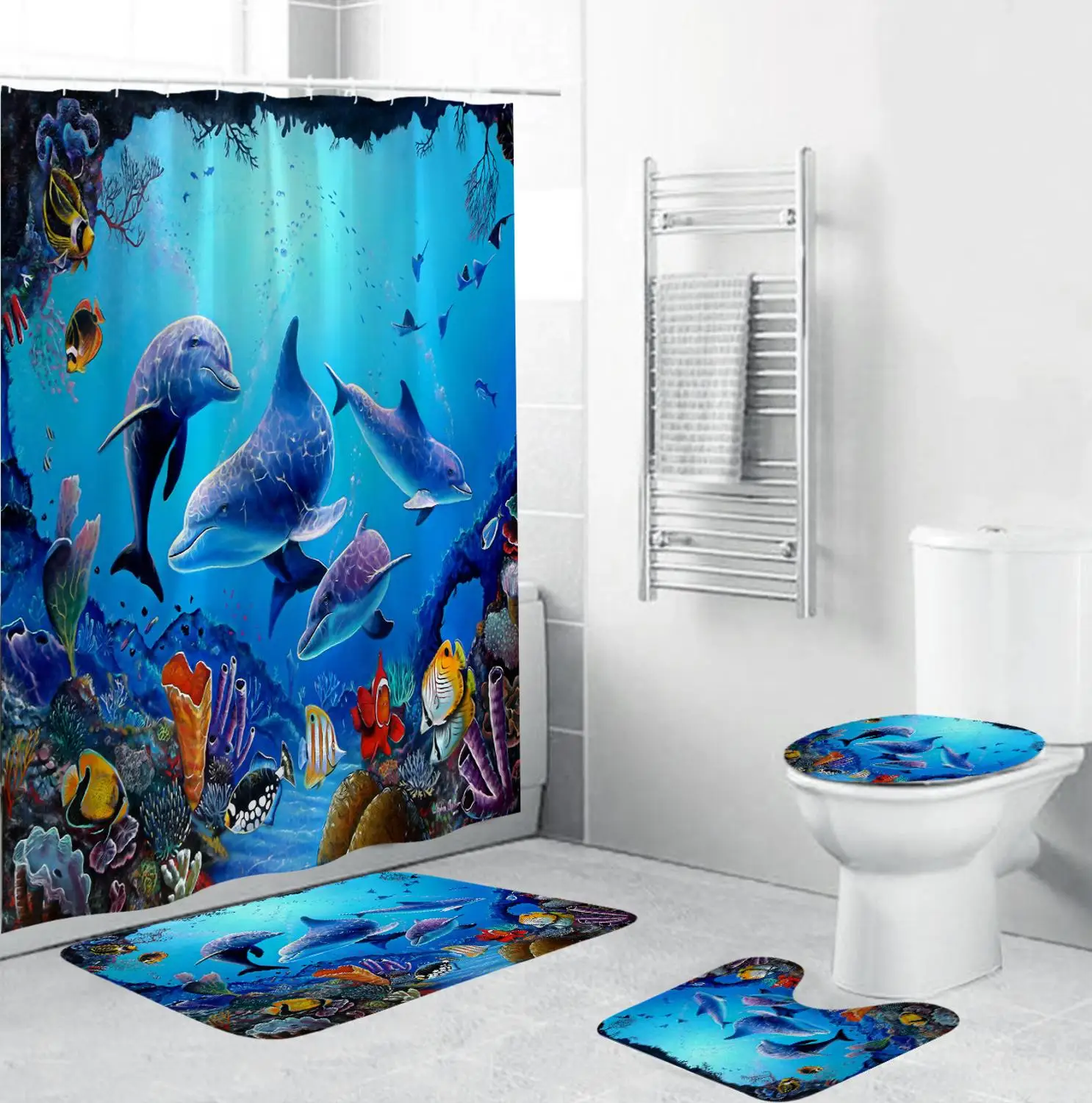 

Tropical Fish Shower Curtain Undersea Turtle Waterproof Bath Curtains for Bathroom Bathtub Bathing Cover Large Wide Hooks T126