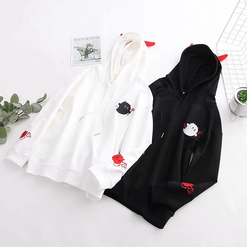

Harajuku Hoodies Girl Little Devil Horns Gothic Hooded Sweatshirts Women Autumn Loose Lolita Pullovers Tops Black White