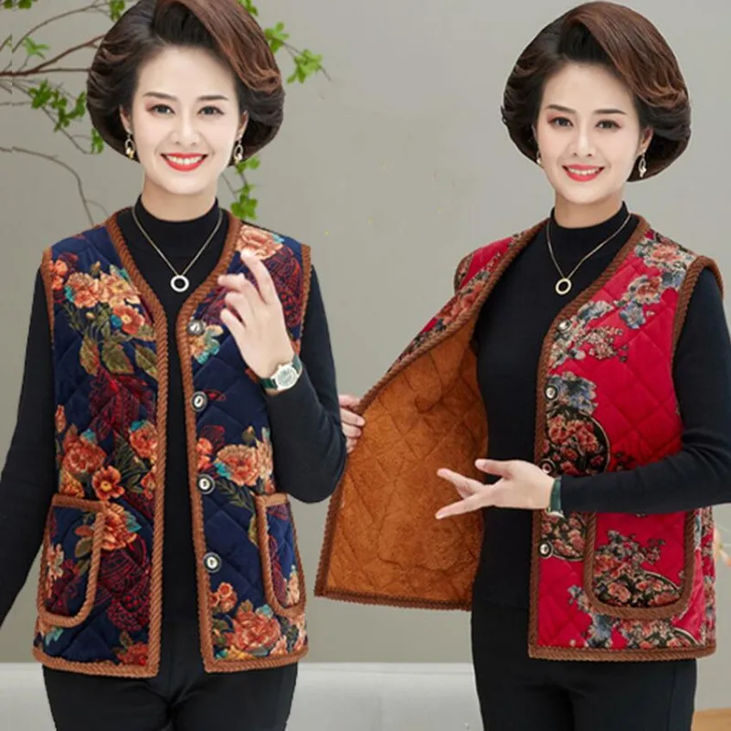 

New Winter Gold Velvet Warm Vest Cotton Jacket Middle-aged Women Slim Print Waistcoat plus size 5XL mother's clothes s1738