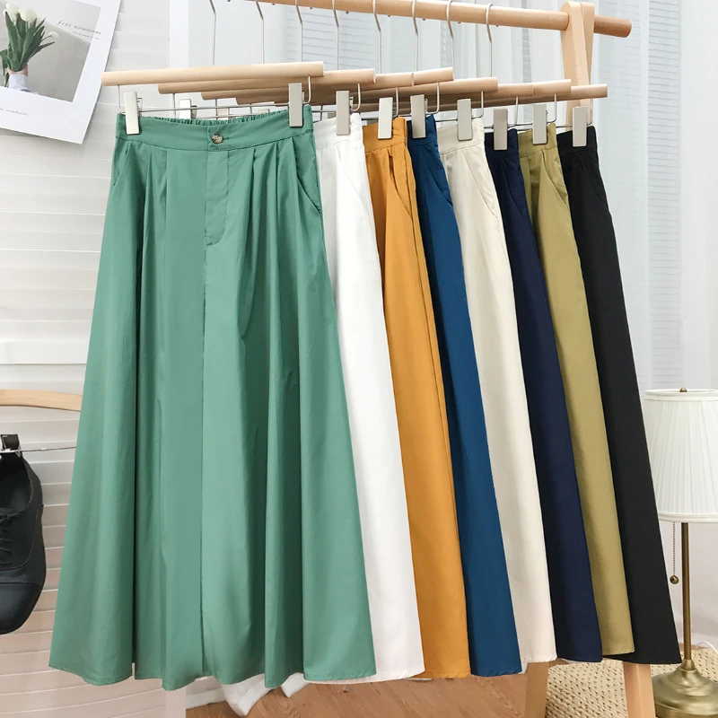 

Summer Green Cotton Preppy Skirts Elastic Waist Pockets A-line Pleated Calf Long Skirts Mustard Yellow Beige