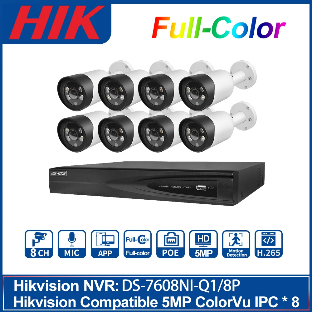 Совместимые с Hikvision комплекты DS 7608NI Q1/8P 8POE NVR 5 Мп полноцветная IP камера Bullet POE
