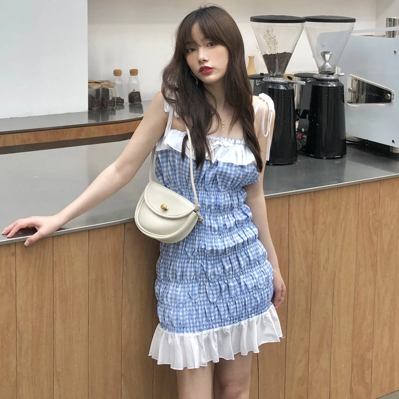 

2021 Summer New Fresh Ruffled Pleated Plaid Suspender Dress High Waist Slim-Fit Skirt Bottoming Skirt for Women