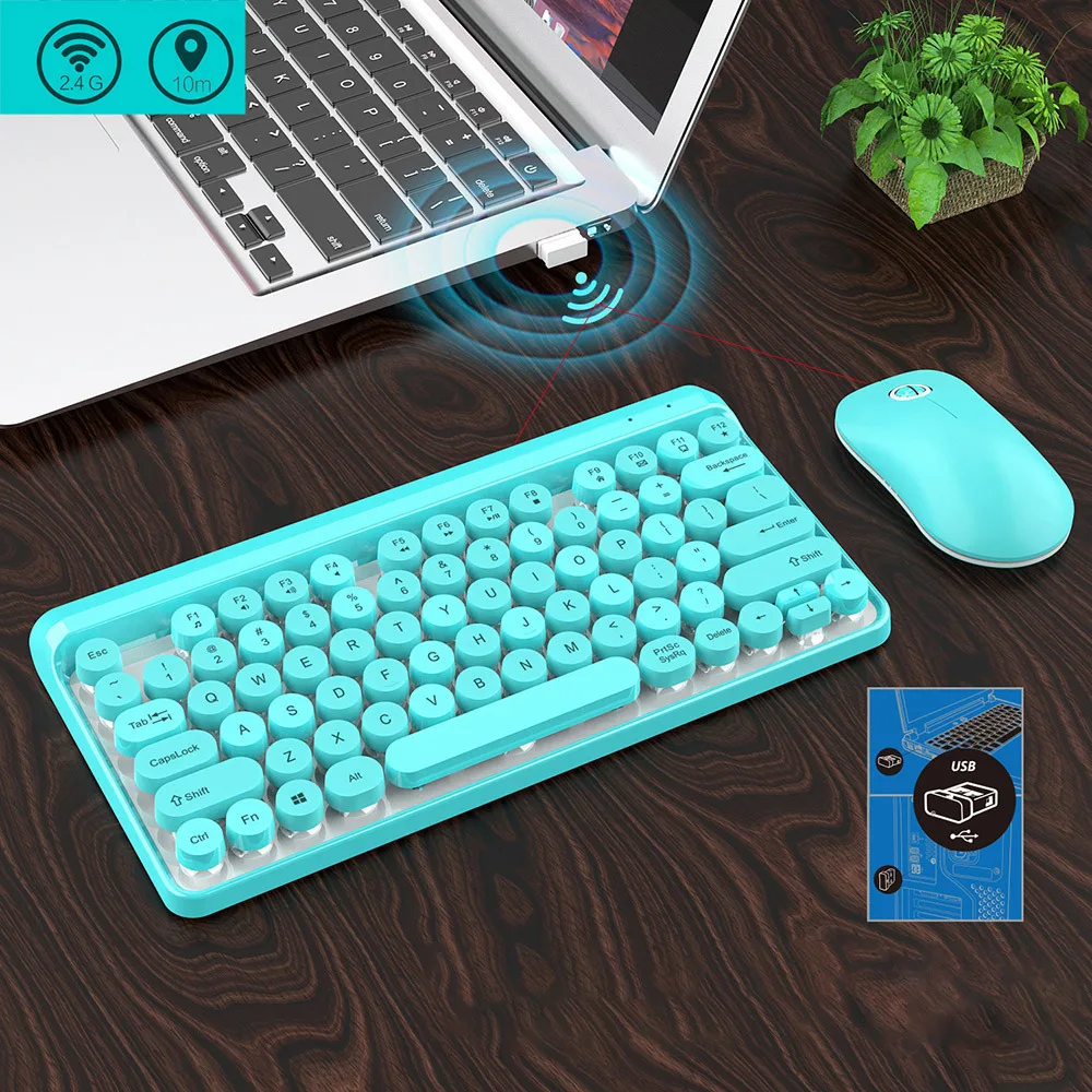 

Wireless Gaming Keyboard Mouse Combo Ergonomic Computer Gamer Keybord USB Mause Kit Set 77 Key Round Keycaps PC Keypad Pink Girl