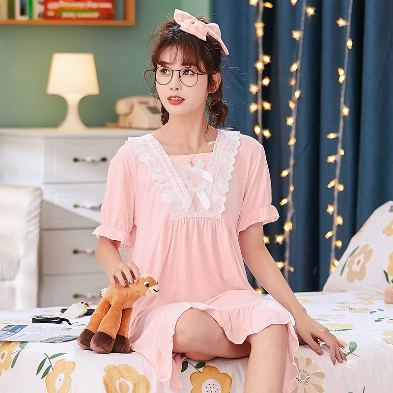Summer New Nightgown Short Sleeve Female Knee Length Skirt Women's Nightdress Loose Nightwear Home Wear Sleepwear Lingerie