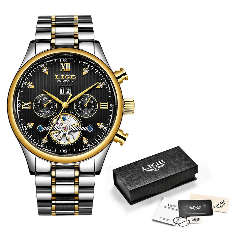 Rose gold black LIGE новые мужские часы Топ бренд Роскошные автоматические/механические/роскошные часы мужские спортивные наручные часы Мужские часы reloj hombre tourbillon - Цвет: Rose gold black