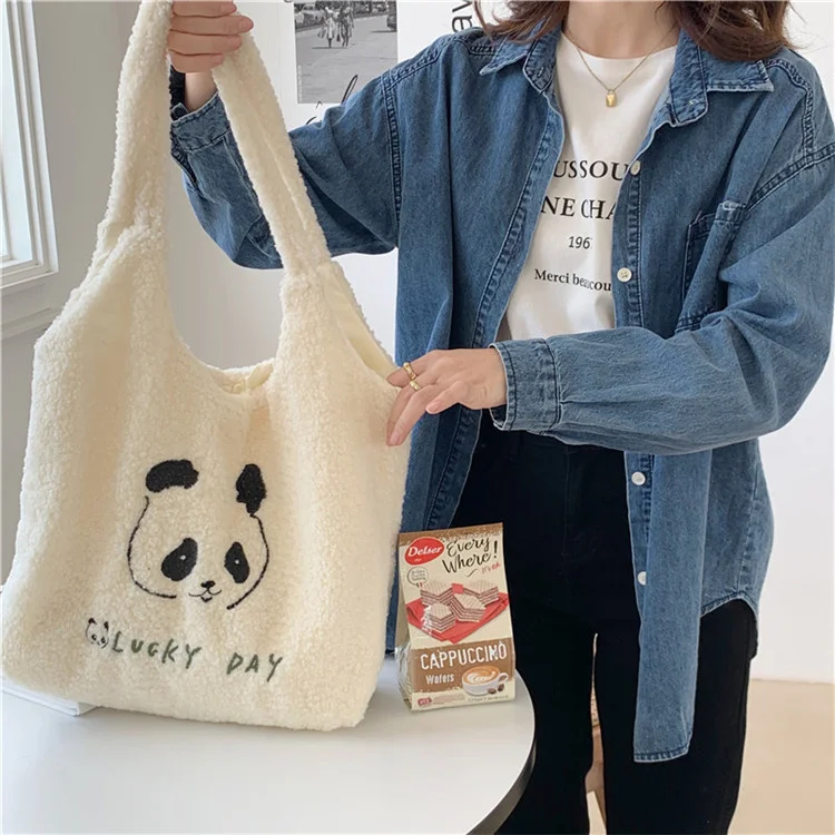 

Japanese Cute Panda Embroidered Plush Bag School Retro Student Shoulder Bag Shoes Bag Tutorial Bags Office Supplies