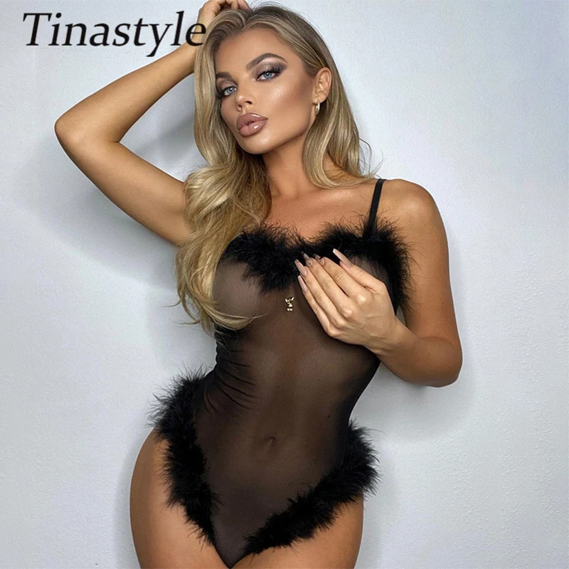 

Tinastyle перо Лоскутная Сексуальная боди Для женщин Прозрачная сетка облегающее Одна деталь облегающий костюм для ночного клуба Вечерние боди