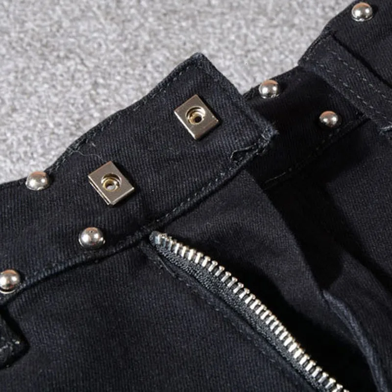 Top Quality Men Motor Biker Slim Fit Jeans Skinny Rivet Pencil Pants Punk Beads Pleated Long Denim Trousers Big Size White | Мужская