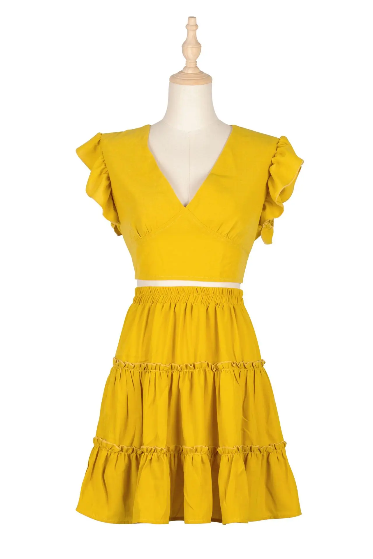 2020 Summer Mini Dress Set for Women V Neck Sleeveless Sexy Ruffles Yellow 2 Piece Vestidos De Fiesta Vacation Clothes | Женская одежда