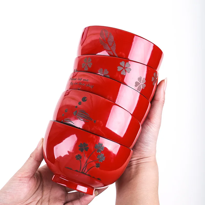 

Festive Gift Bowl Household 11cm Carved Pattern Japan Style Flower Small Wooden Bowl Wedding New Year Red Bowl Tableware