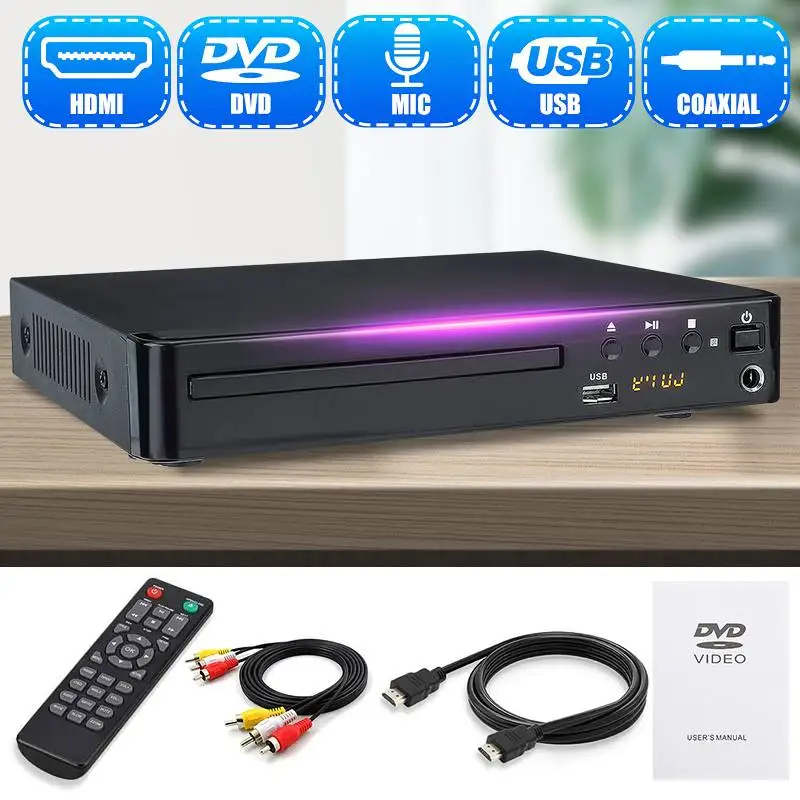 

DVD-плеер HD 1080P с AV-кабелем, медиа для ТВ, музыки, развлечения с объемным звуком 5,1, USB, совместим со всеми регионами, для домашнего кино