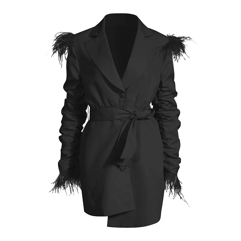 

Design Dresses Women 2021 Autumn Women's Clothing Ostrich Feather Long Sleeve Dress Loose Mid-length Waist Pleats Sleeves Suit