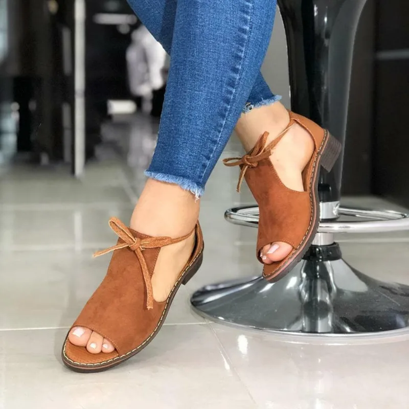 

Summer 2021 New Peep Toe Women Sandals Front Lace-up Low Heel Sandales Casual Thick Heel Female Shoes 4 Colors Available