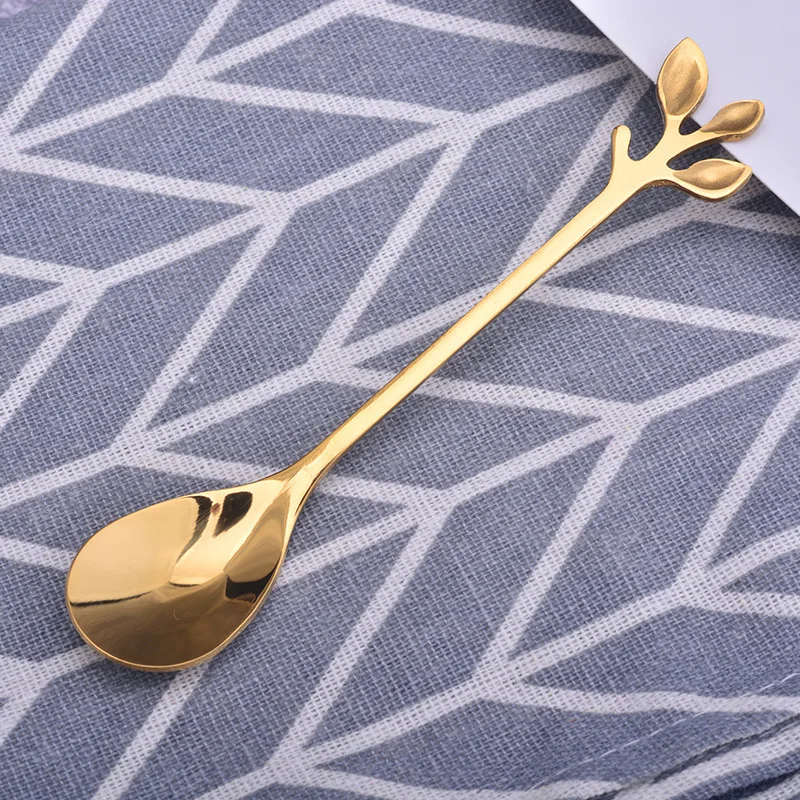 Golden Silver Leaf Spoon Stainless Steel Coffee Spoon Coffee Mixing Spoon Northern Europe Custom Gift Creative Branch Spoon - Цвет: Golden spoon