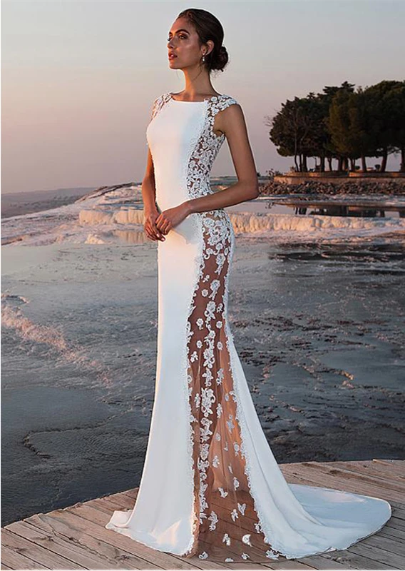 

New Simple Satin Dresses for Wedding Party O-neck See-through Bridal Dress Beach Sleeveless Elegant Wedding Gowns Boho