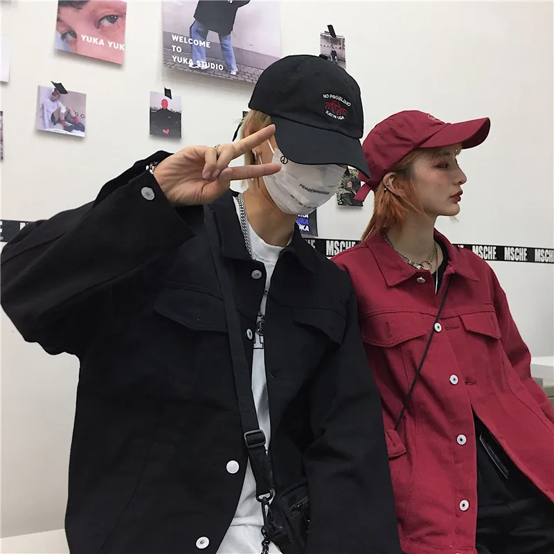 Женское джинсовое пальто винно красного цвета базовая Свободная куртка в