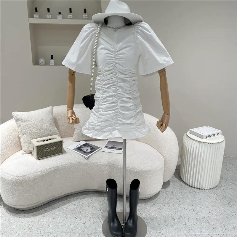 

Niche Design Women's Spring Summer 2021 Fashion Temperament V-neck Thin Fold Puff Sleeve Fishtail Dress