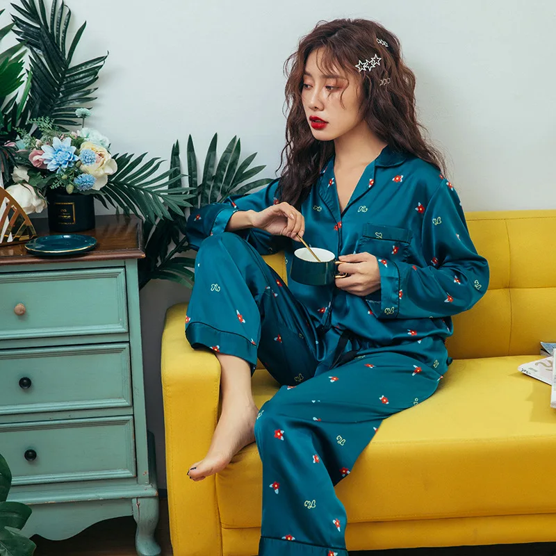 2019 Осенняя женская пижама из искусственного шелка атласная цветочный костюм с