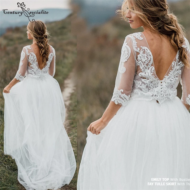 

Simple Wedding Dresses Boho O-Neck Backless Lace Appliques Soft Tulle Beach Bridal Gowns for Bride Plus Size Vestido De Noiva