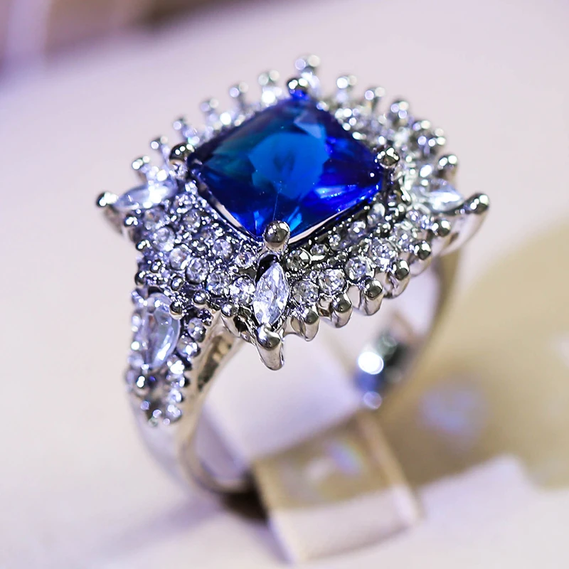 

New blue zircon popular engagement ring female square geometry AAA crystal romantic wedding party gift Z5K936
