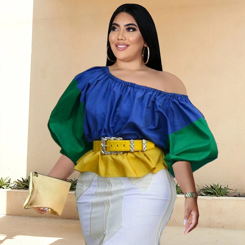 

Plus Size One Shoulder Blouse Patchwork Flare Sleeve Casual Loose Shirt Autumn Fashion Tunics Evening Party Big Female Clothing