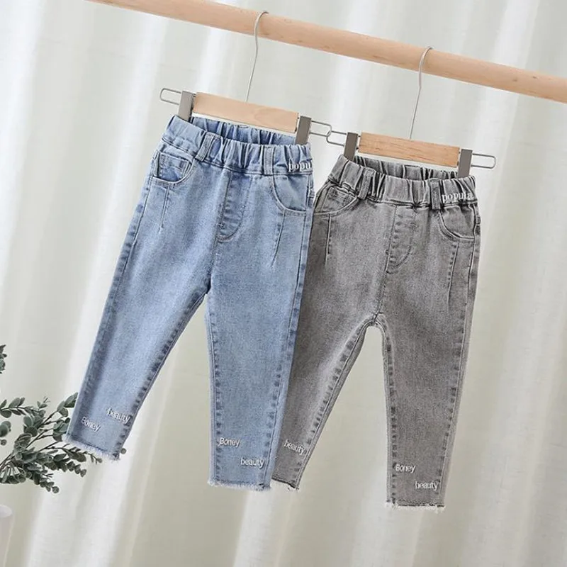 

DFXD 2020 весенние джинсы для девочек детские длинные узкие брюки детские однотонные джинсовые брюки с высокой талией модные брюки-карандаш дл...