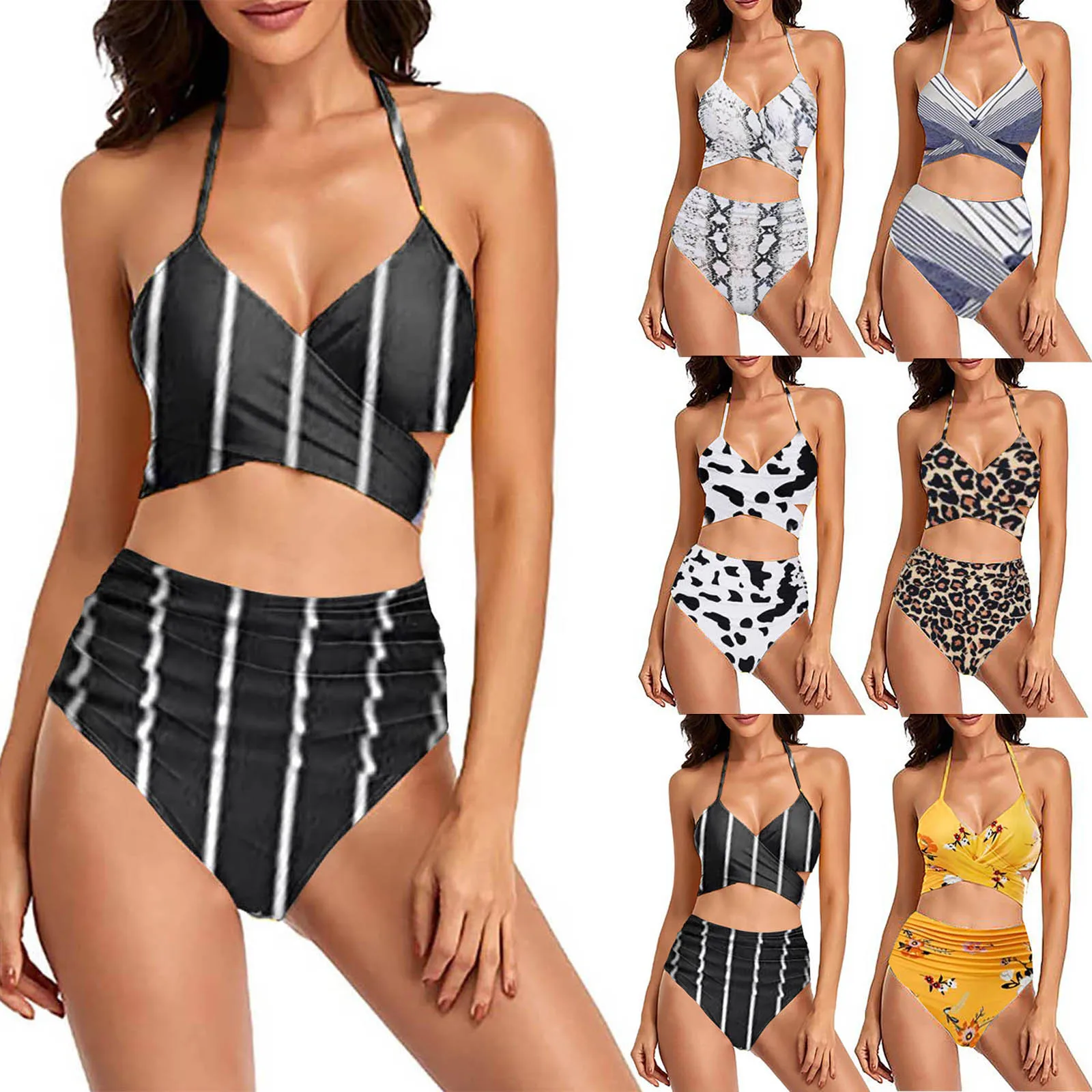 

Sexy Halter Bikini Set Waist Knotted Swimsuit Print High Waist Swimwear Women Camisole Bandage Bathing Suit baador mujer A50