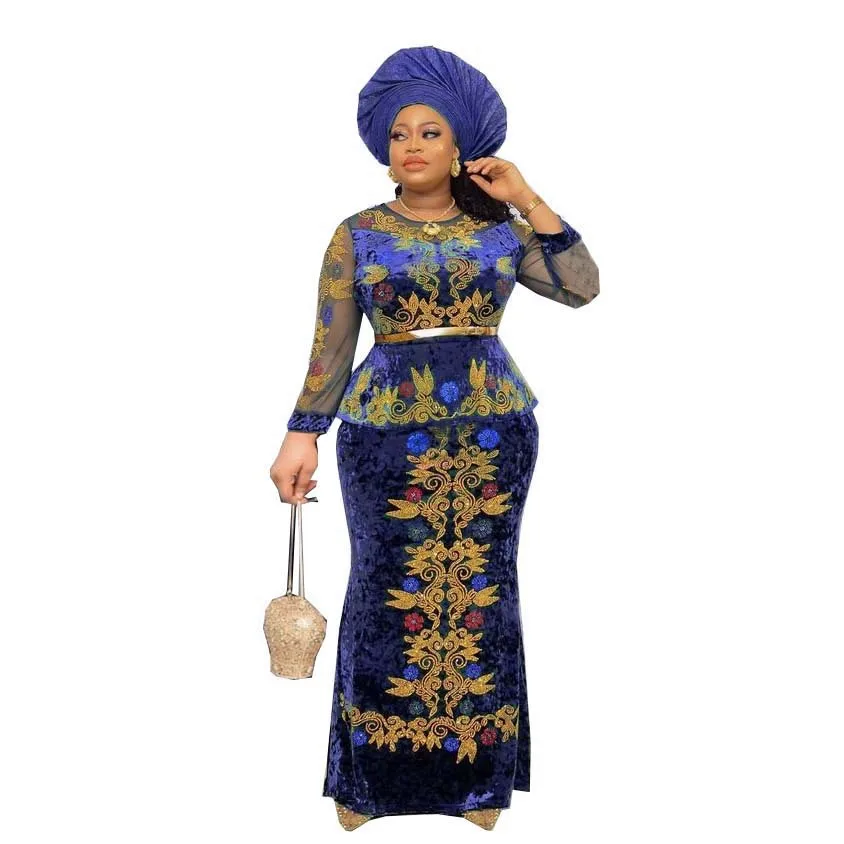 Elegant Velvet Party Dresses For Women African Dashiki Embroidery Long Dress Plus Size Nigerian Clothes Kaftan Maxi Dress Robe