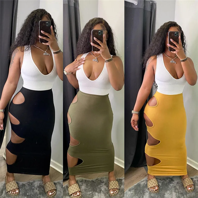 

Сексуальные женские юбки CHRONSTYLE с боковыми вырезами, Клубная одежда, новинка 2021, летние облегающие однотонные длинные юбки-карандаш в рубчик...