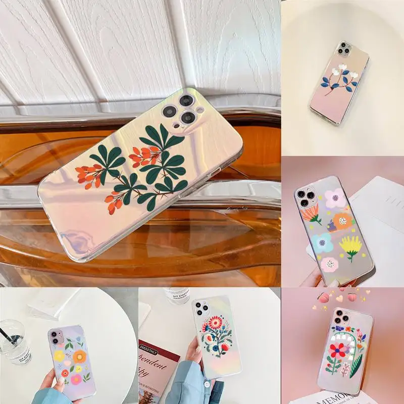 

Pretty Flower Phone Case for iPhone huawei P 7 8 9 11 12 10 30 40 S X XS XR MINI Pro Max Plus laser Transparent