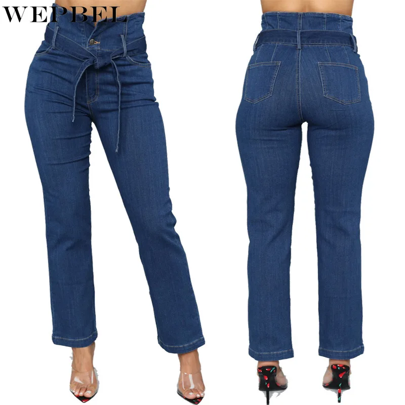 

WEPBEL Jeans Women's Casual Solid Color Lace-up Button Jeans Spring and Autumn Fashion High Waist Denim Straight Pants