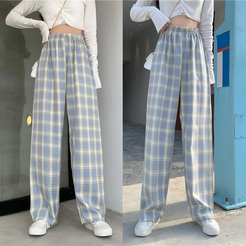 

INS Cool Women Baggy Blue Pants Lady Oversized Wide Leg Plaid Slacks Harem Pants Student Autumn Purple Pink Long Flare Trousers
