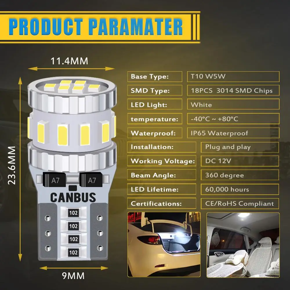 2 шт. Canbus T10 W5W лампочка для салона автомобиля Peugeot 3008 208 308 508 408 2008 307 4008 | Автомобили и
