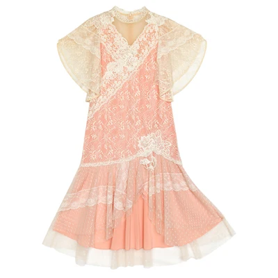 

LYNETTE'S CHINOISERIE Summer New Original Design Women Vintage Mori Girls French Embroidery Lace Patchwork Asymmetrical Dresses