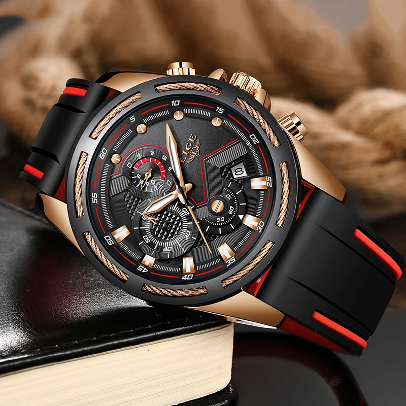 Мужские Аналоговые кварцевые часы-хронограф LIGE с датой светящиеся стрелки