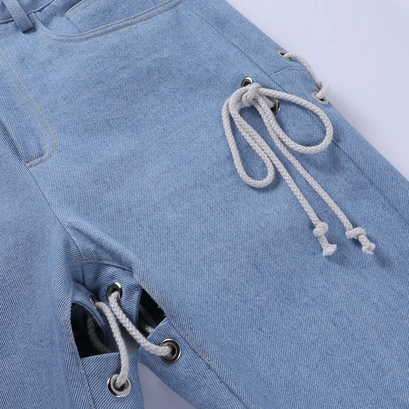 

Lace Up Cross Bandage Patchwork Women High Waist Straight Jeans Hollow Out Sexy Streetwear Party Club 2021 Spring Summer