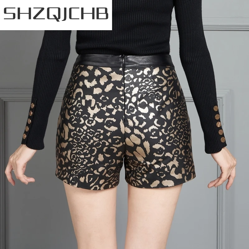 JCHB 2021 High Waist Genuine Leather Shorts Office Lady Leopard Print Asymmetric Button Zipper Pocket Women Sheepskin Shorts Spr