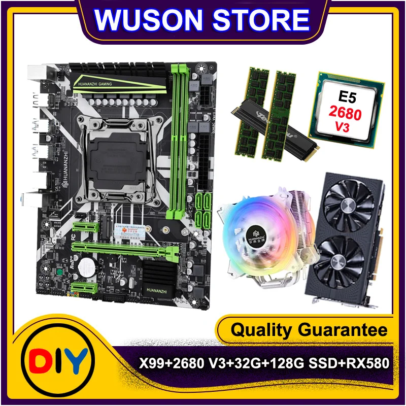

HUANANZHI X99-8M Motherboard with 128G M.2 NVMe SSD Video Card RX580 4G Xeon CPU E5 2680 V3 Radiator RAM 32G(2*16G) DDR4 RECC